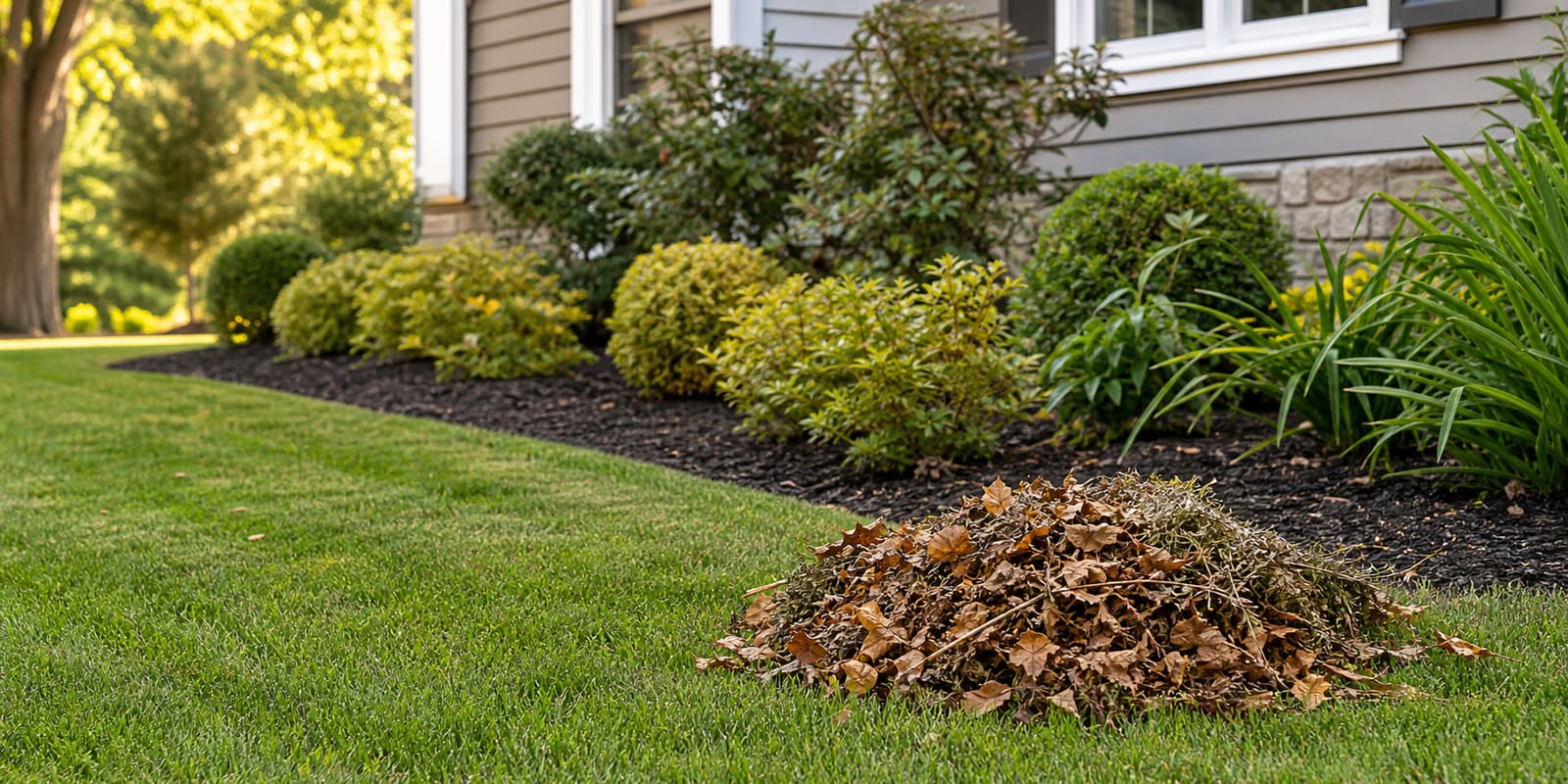 Orderly yard with gathered leaves and landscape debris