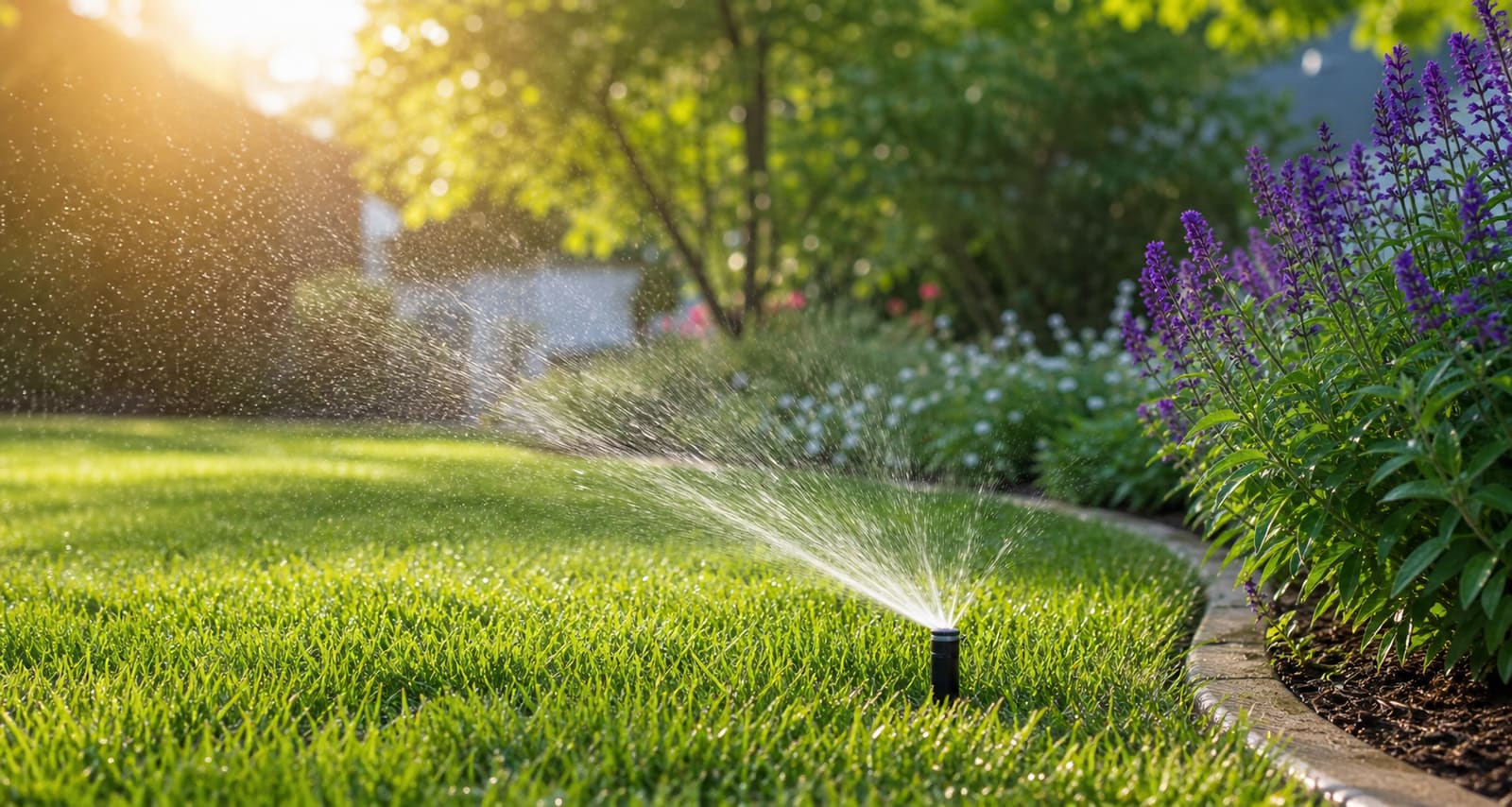 Landscape irrigation watering a green lawn